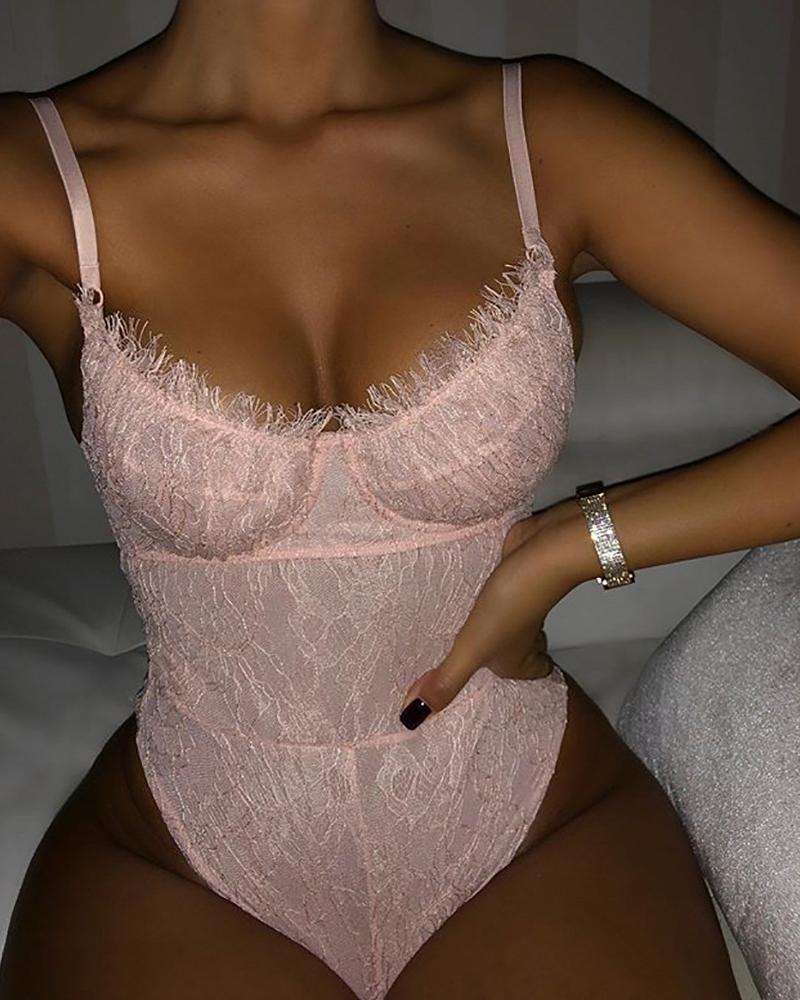 Outlet26 Lace See Through Spaghetti Strap Backless Bodysuit pink