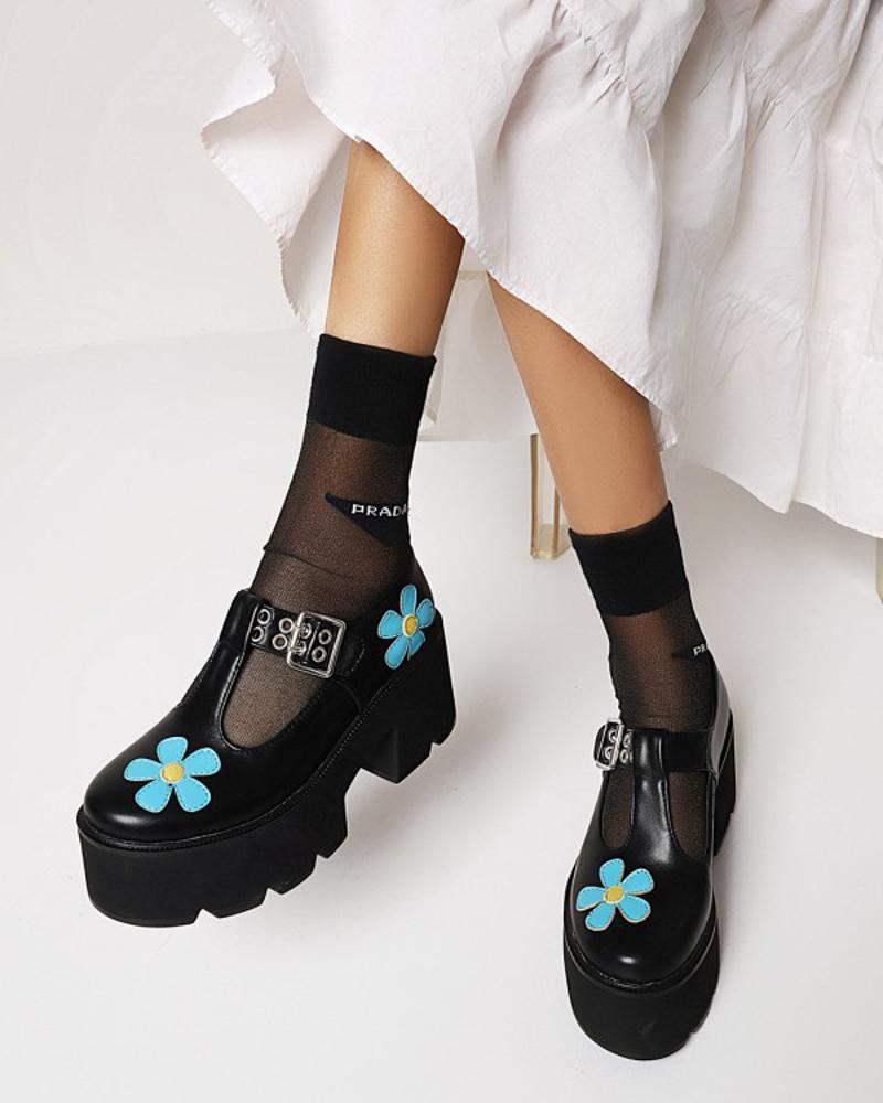 Chic Womens T-strap Floral Embroidery Round Toe Platform Shoes