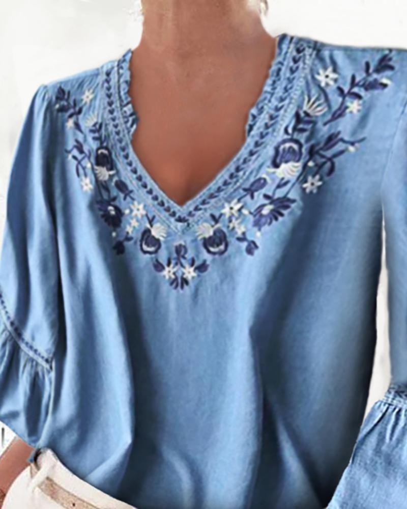 Denim Bell Sleeve Floral Embroidery Blouse