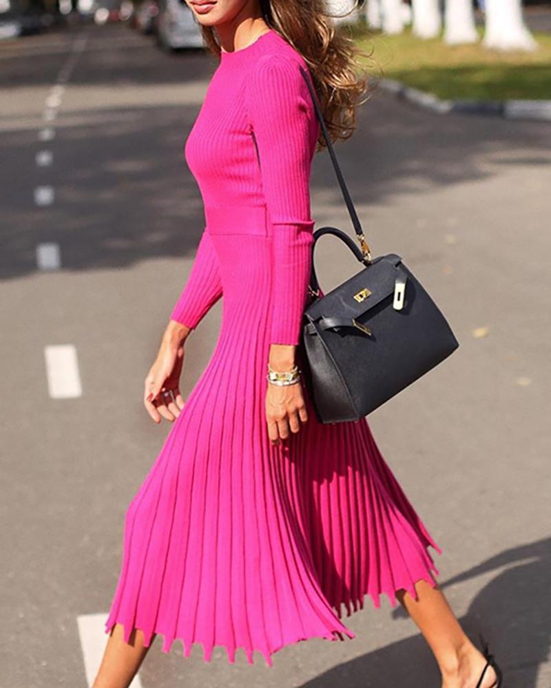 Solid Long Sleeve Pleated Sweater Dress