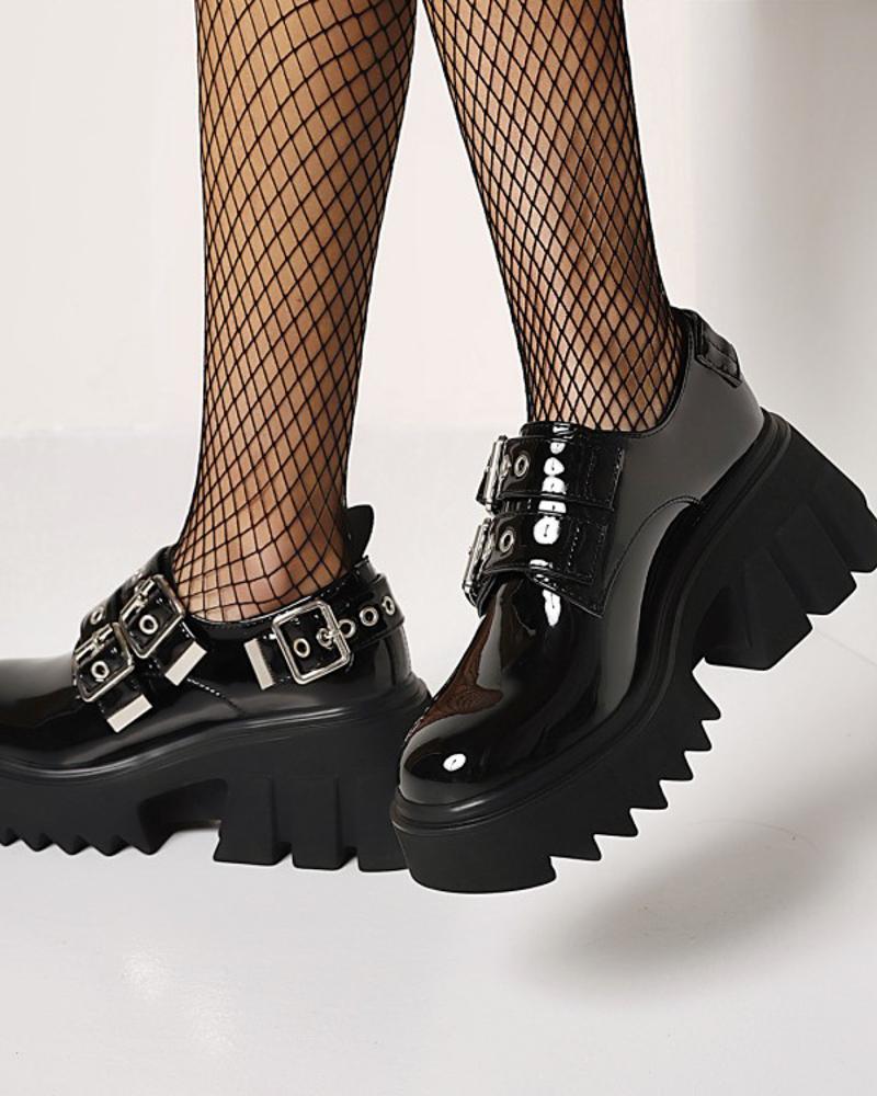 Chic Womens Straps Decor Round Toe Shiny Finish Platform Shoes