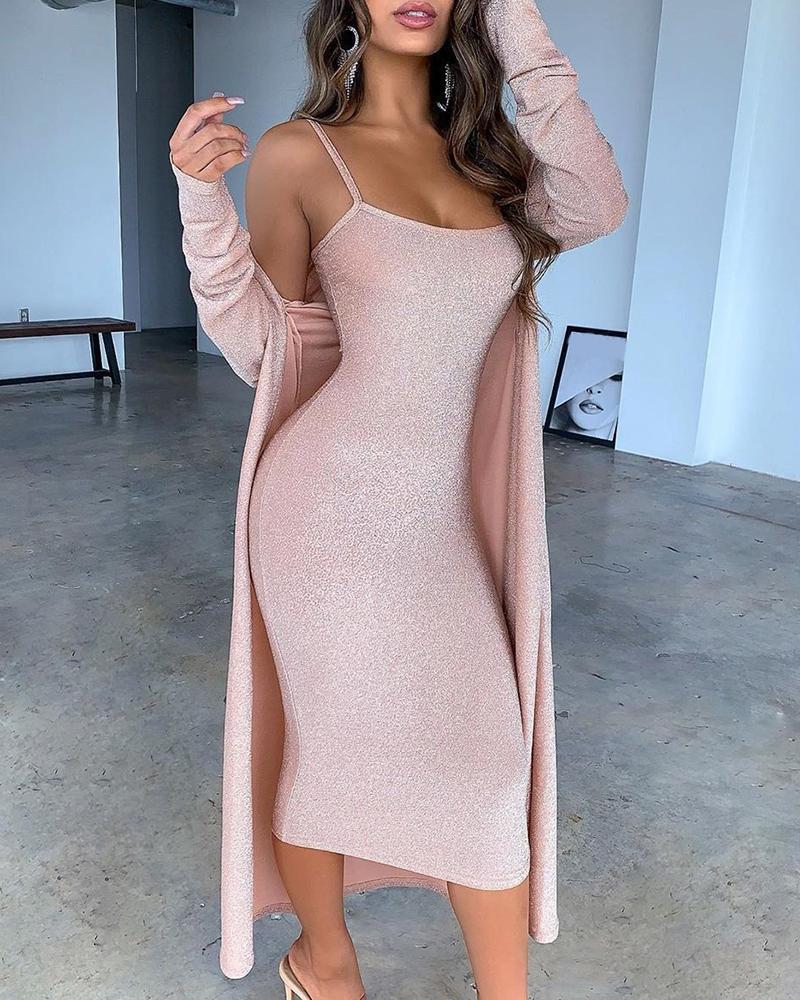 Outlet26 Glitter Spaghetti Strap Midi Dress With Cardigan Coat pink