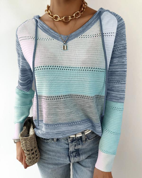 Knit Colorblock Hollow Out Hooded Sweater