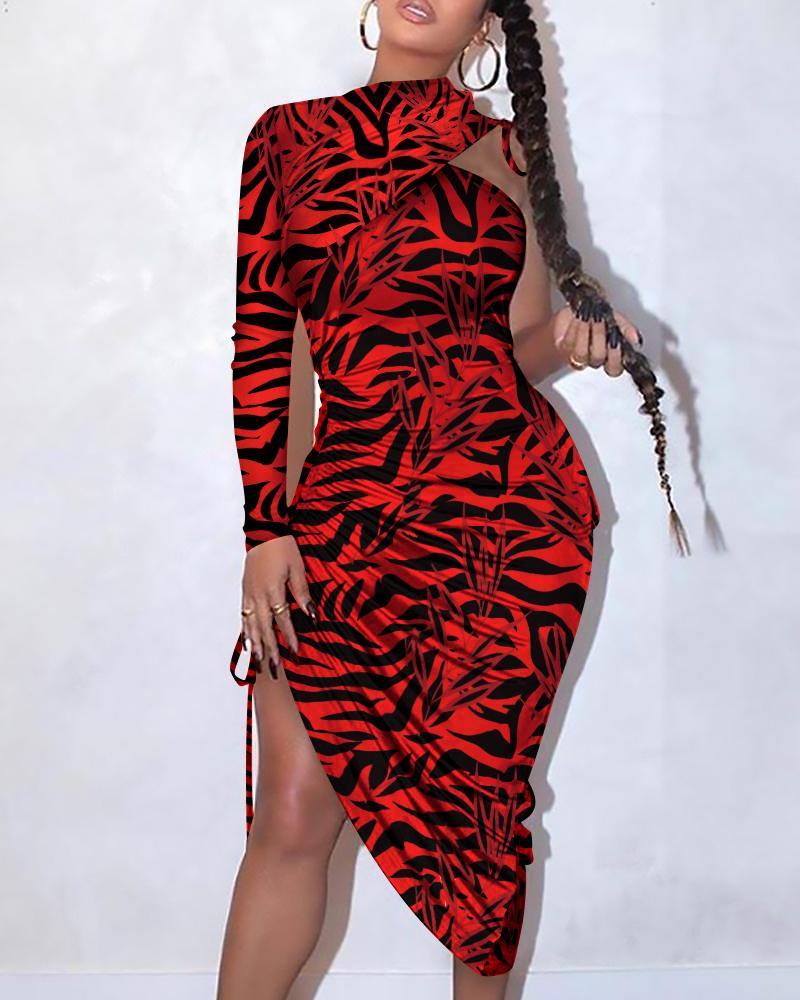 Outlet26 Abstract Print One Shoulder Ruched Dress red