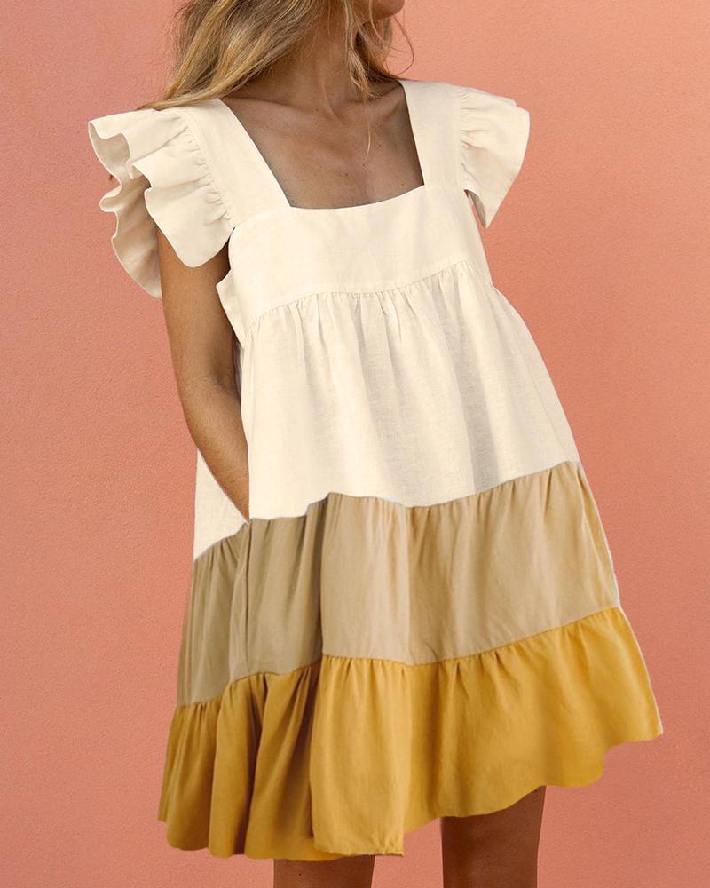 Outlet26 Colorblock Square Neck Ruffles Dress white