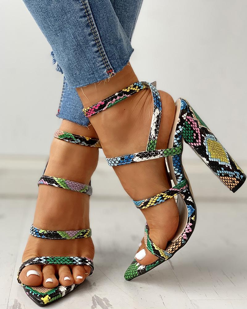 Snakeskin Ankle Strap Chunky Heeled Sandals