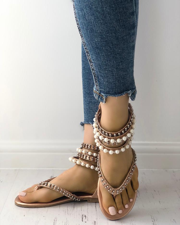 Stylish Beading Embellished Ankle Strap Flip-flop Sandals
