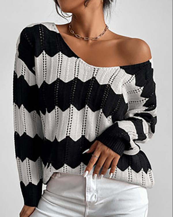 Colorblock Long Sleeve Hollow Out Knit Sweater