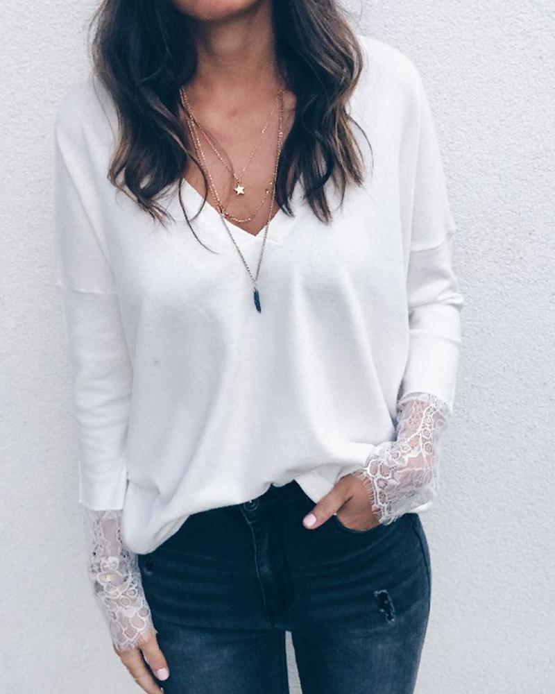 V-Neck Lace Detail Cuff Top