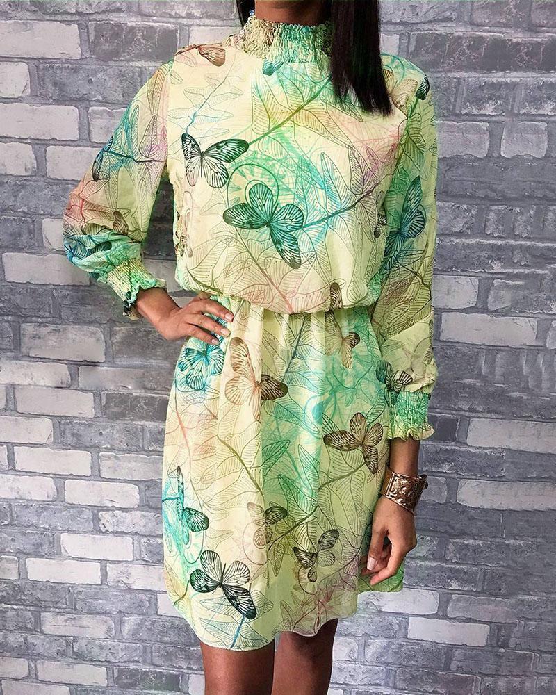 Outlet26 Shirring Detail Leaf Print Casual Dress green