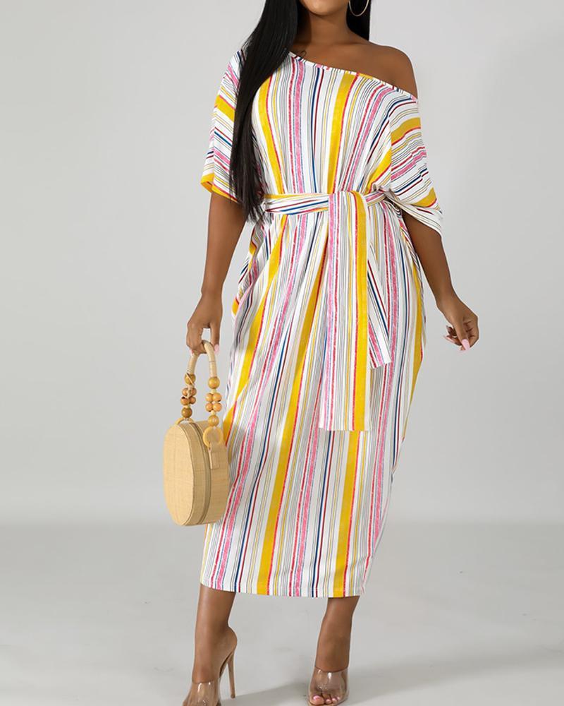 Outlet26 Striped One Shoulder Batwing Half Sleeve Waist Tie Knot Midi Dress yellow