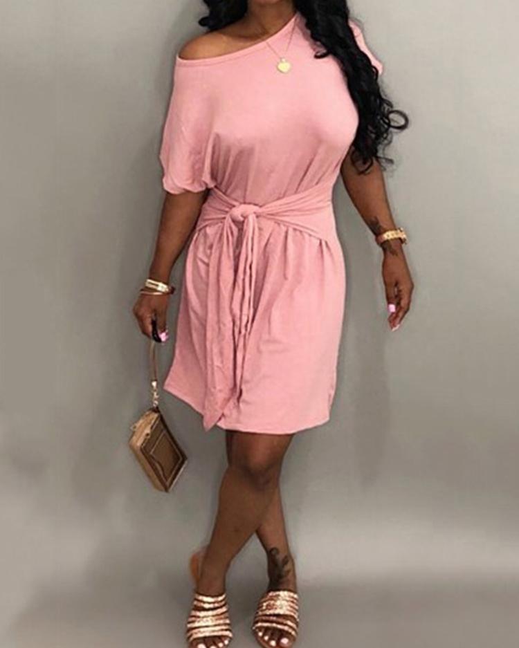 Outlet26 Solid Self-belted Cutout Back Casual Dress pink