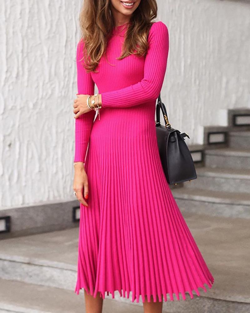 Outlet26 Solid Long Sleeve Pleated Sweater Dress hot pink