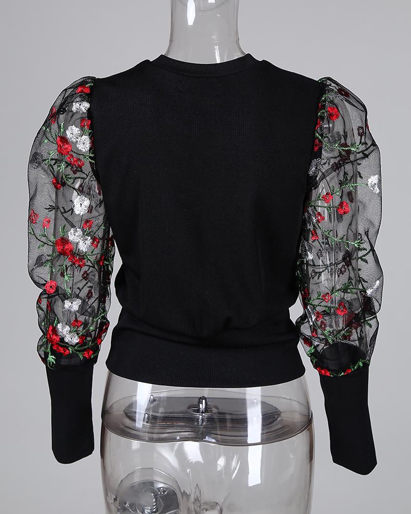 Floral Embroidery Patchwork Mesh Sleeve Blouse