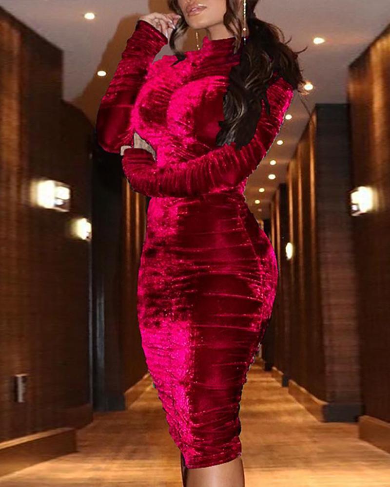 Outlet26 Stand Collar Bodycon Velvet Midi Dress red