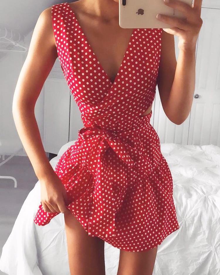 Outlet26 Dots Print Cutout Waist Tie Back Casual Dress red