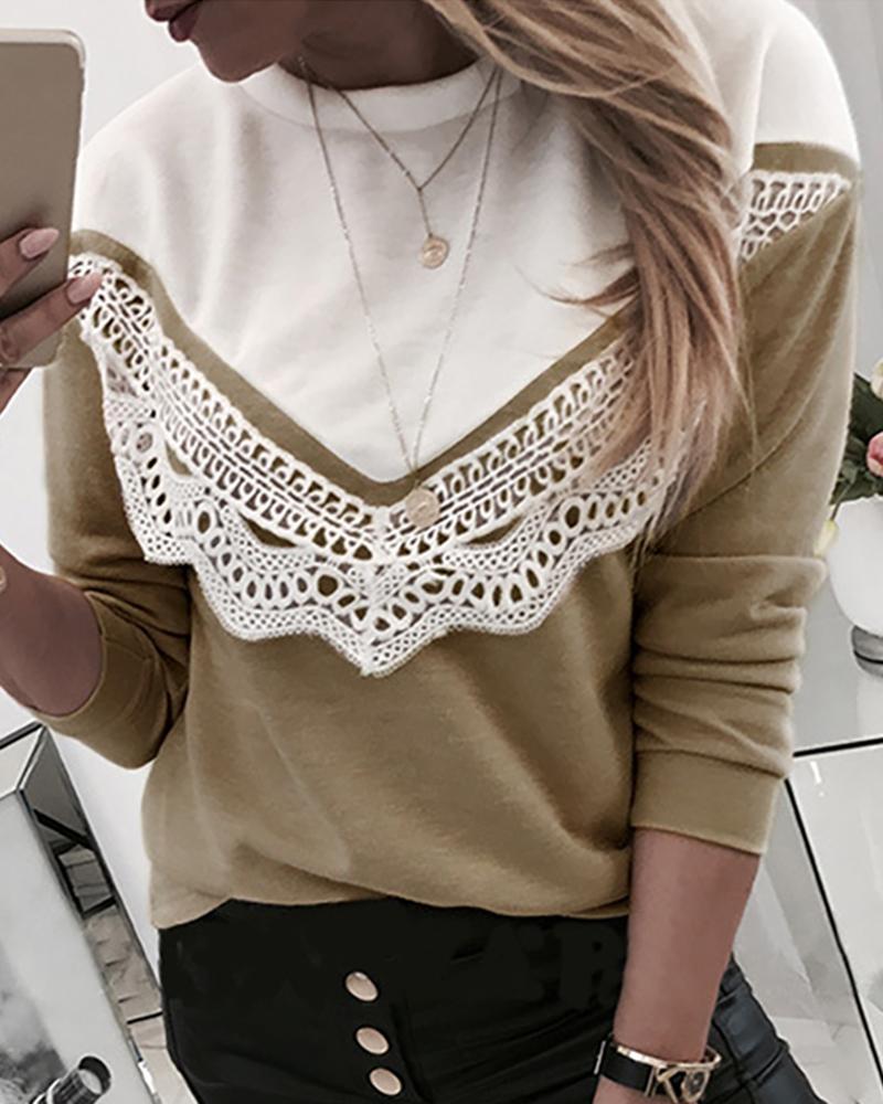 Round Neck Lace Hollow Out Blouse