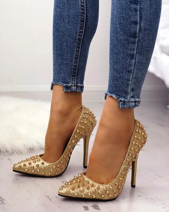 Outlet26 Sexy Glittering Studded Stiletto Pumps gold