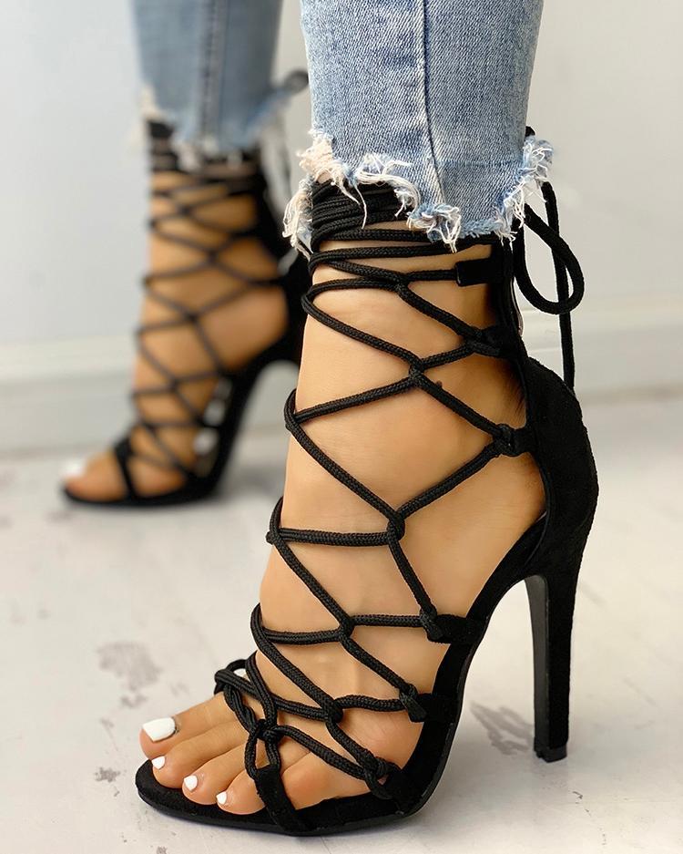 Hollow Out Lace Up Thin Heels Sandals