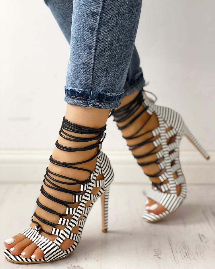 Open Toed Lace-Up Thin Heeled Sandals