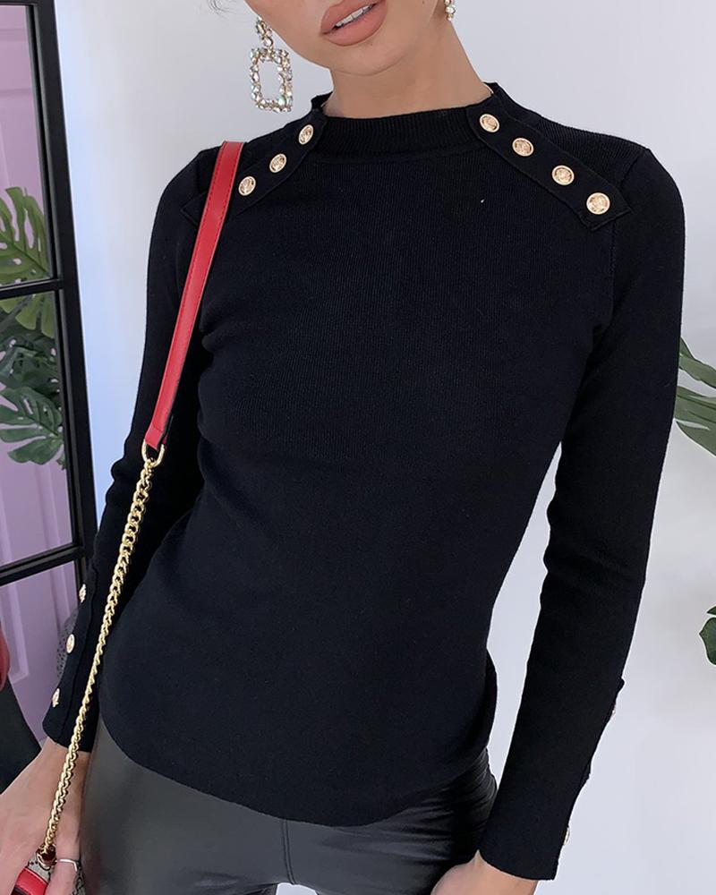 Mock Neck Ribbed Long Sleeve Buttoned Casual Blouse