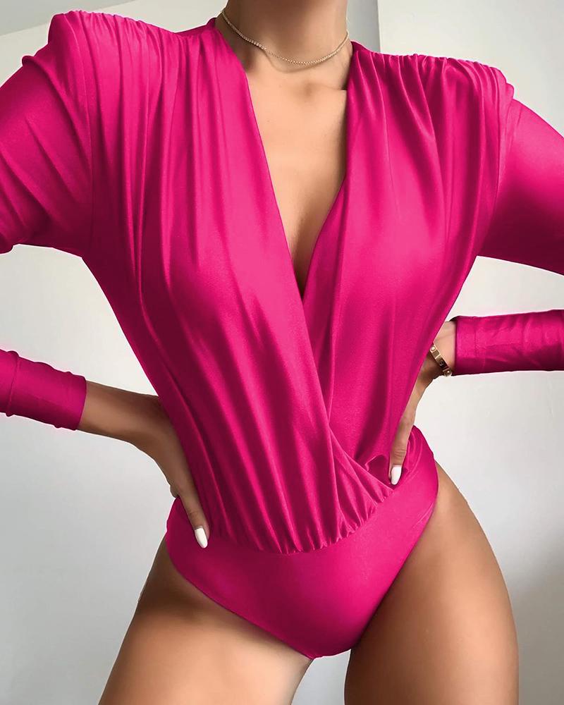 Outlet26 Long Sleeve Deep-v Bodysuit hot pink