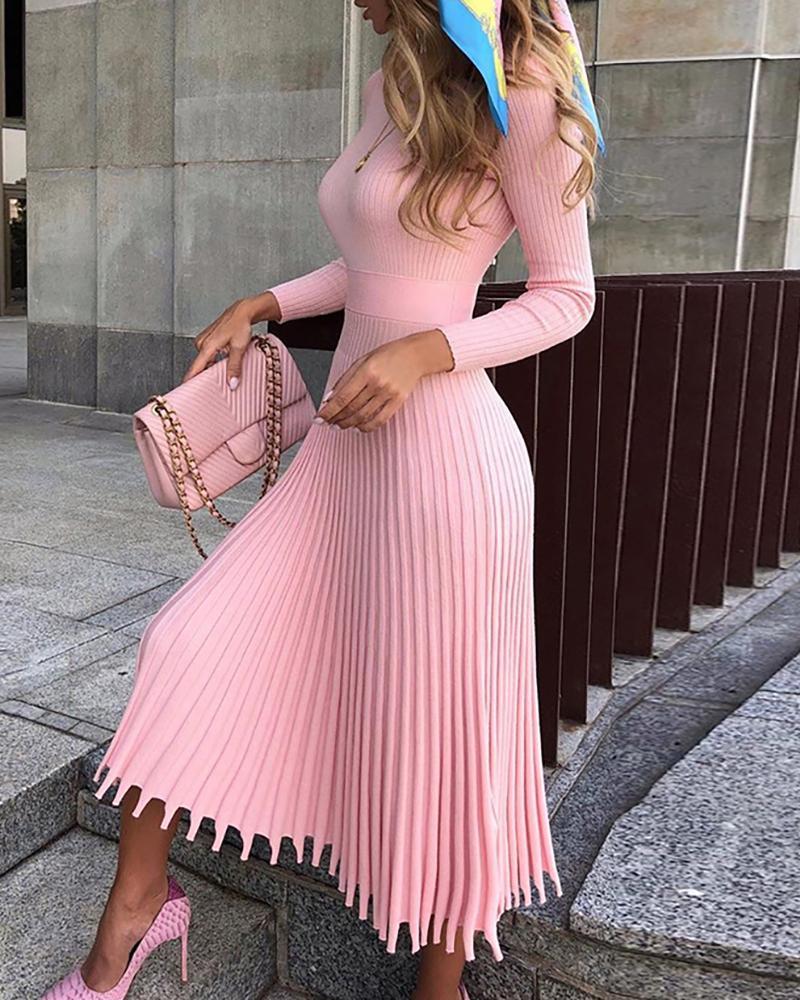 Solid Long Sleeve Pleated Sweater Dress