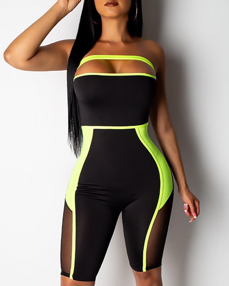 Outlet26 Contrast Binding Mesh Splicing Perspective Tube Romper green