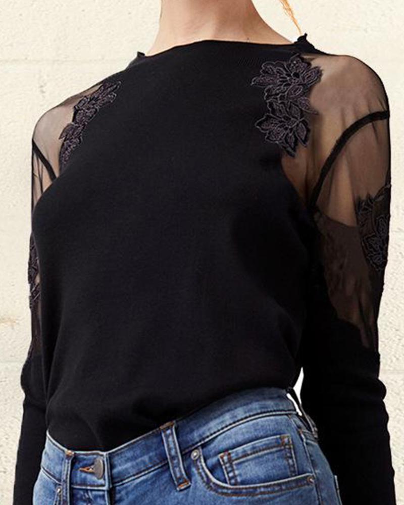 Round Neck Embroidery Mesh Sleeve Top