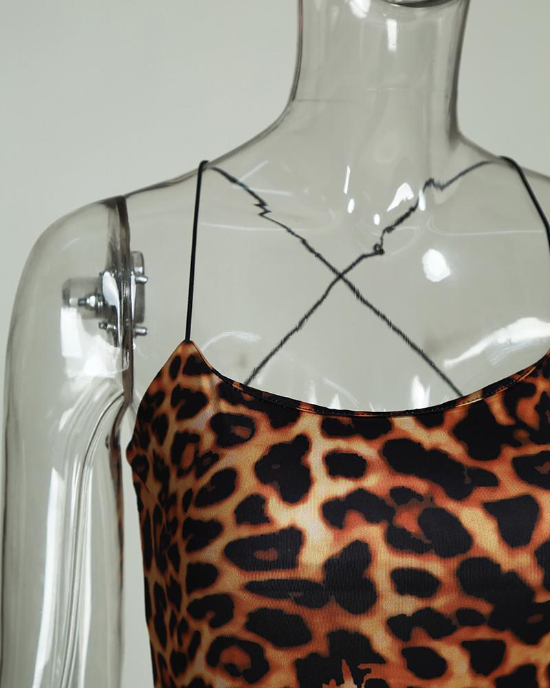 Spaghetti Strap Leopard Print Midi Dress