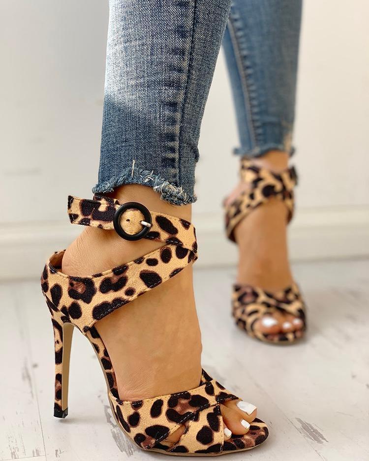 Leopard Crisscross Ankle Buckle Thin Heeled Sandals