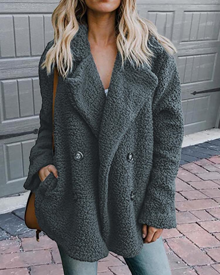 Solid Fluffy Double-Breasted Pocket Design Coat