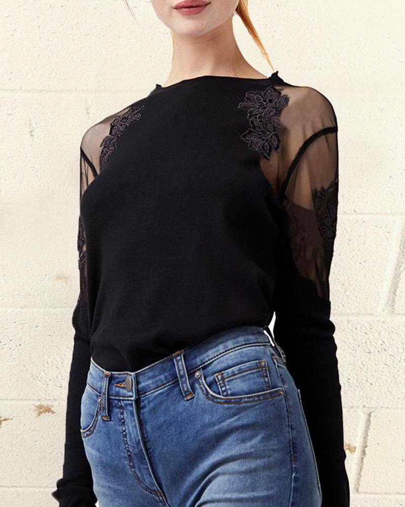 Round Neck Embroidery Mesh Sleeve Top