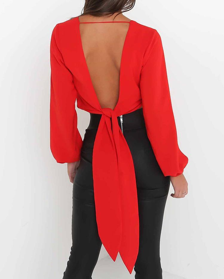 Deep V Knotted Open Back Casual Blouse