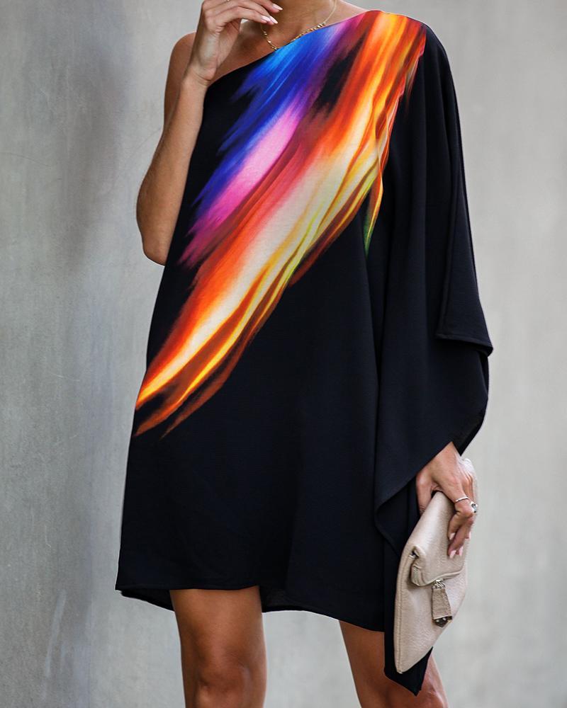 Outlet26 One Shoulder Colorful print Casual Dress black