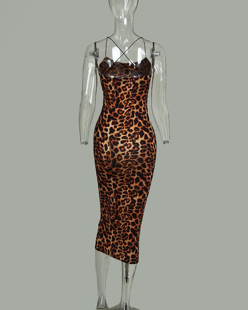 Spaghetti Strap Leopard Print Midi Dress