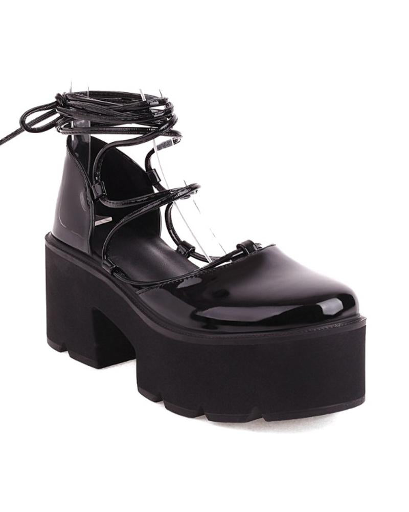 Chic Womens Hollow-out Round Toe Shiny Finish Strappy Platform Shoes