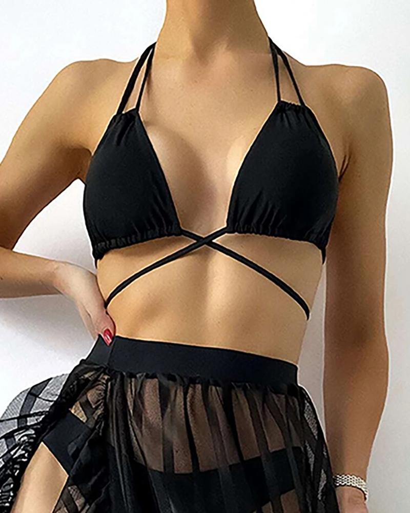Double Strap Halter Bikini Set With Mesh High Slit Cover Up Skirt