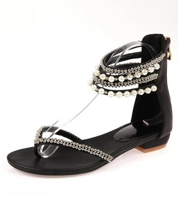 Outlet26 Stylish Beading Embellished Ankle Strap Flip-flop Sandals black