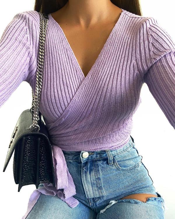 Surplice Knotted Design Long Sleeve Sweater