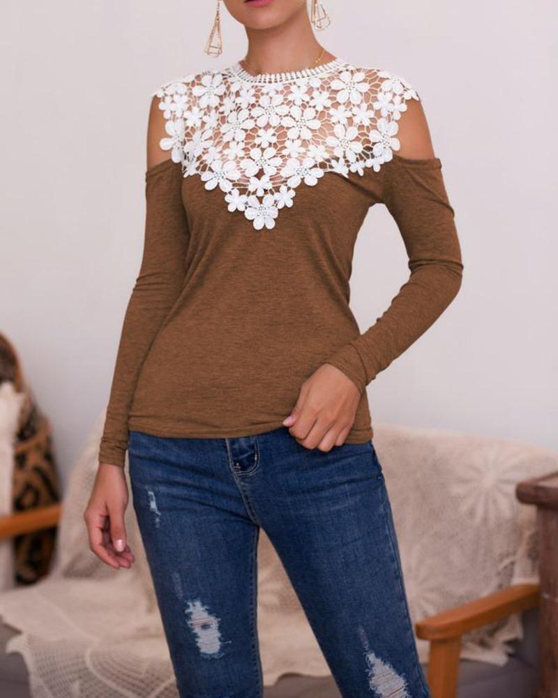 Cold Shoulder Lace Embroidery Patchwork Tops