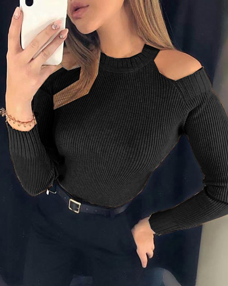 Solid Cold Shoulder Ribbed Knitting Sweater