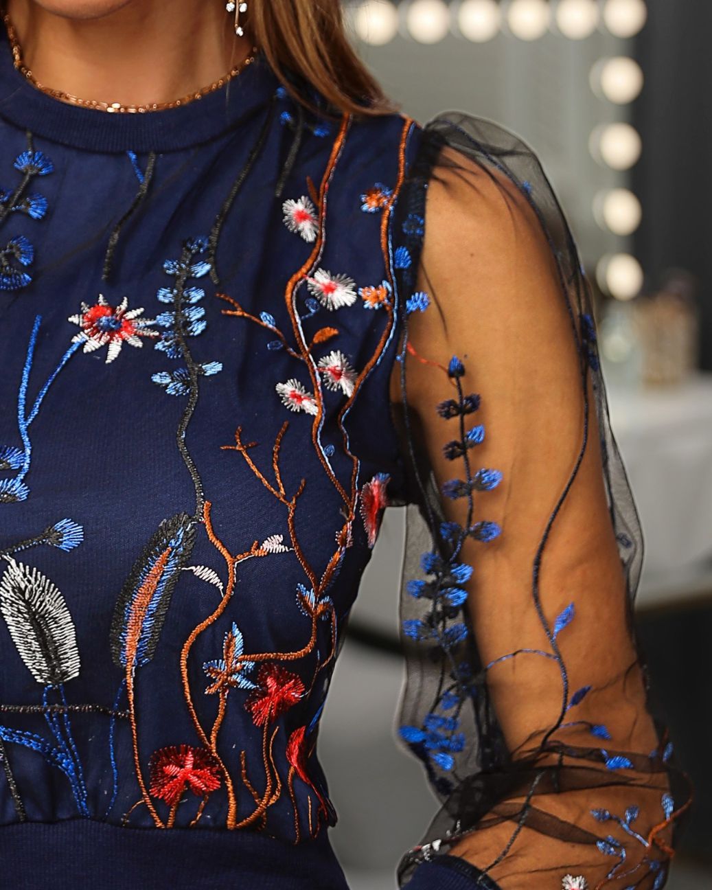 Floral Embroidery Sheer Mesh Blouse