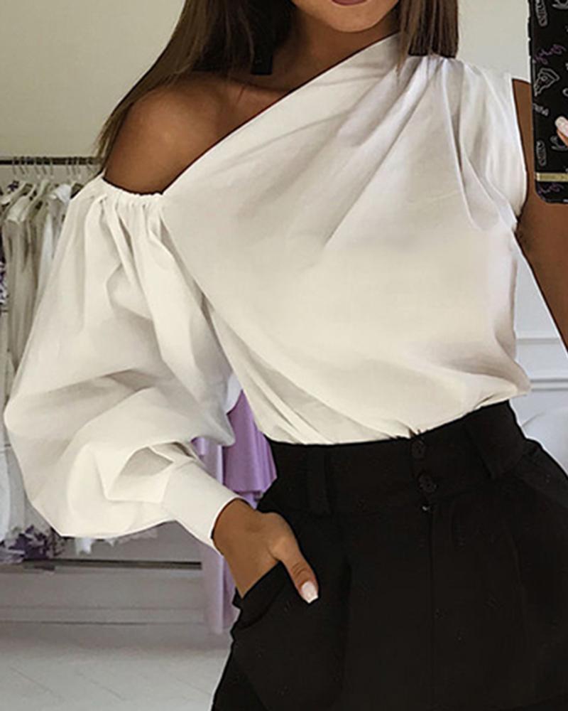 One-shoulder Lantern Sleeve Fashion White Blouse