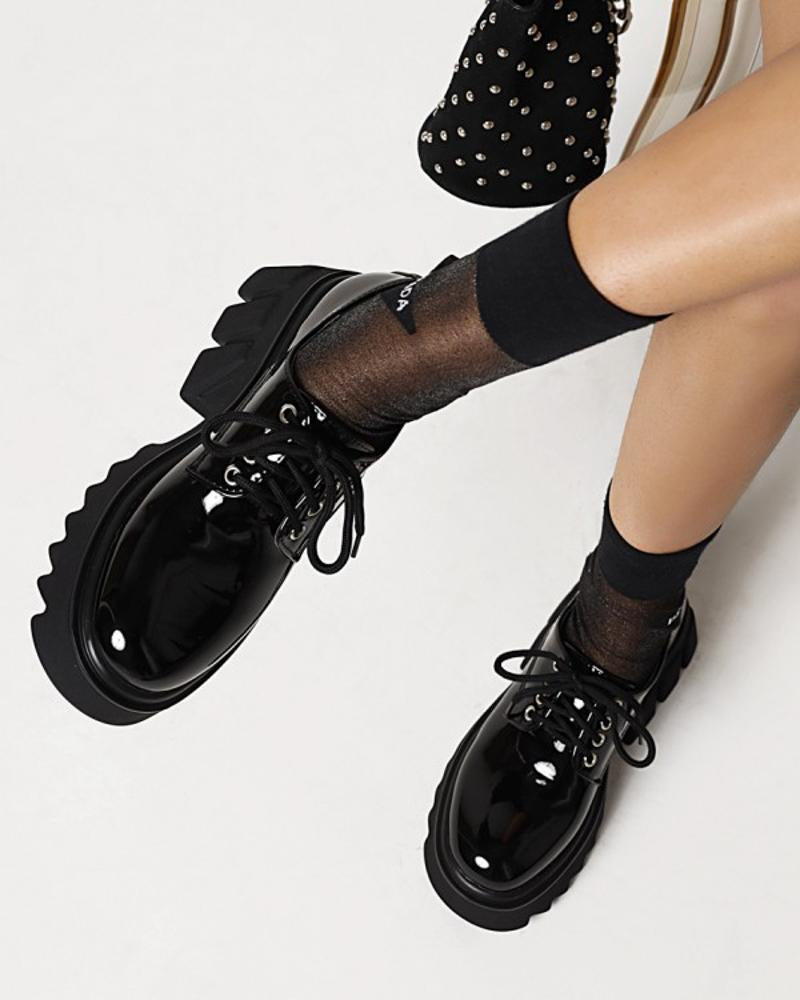 Chic Womens Lace-up Round Toe Shiny Finish Platform Shoes