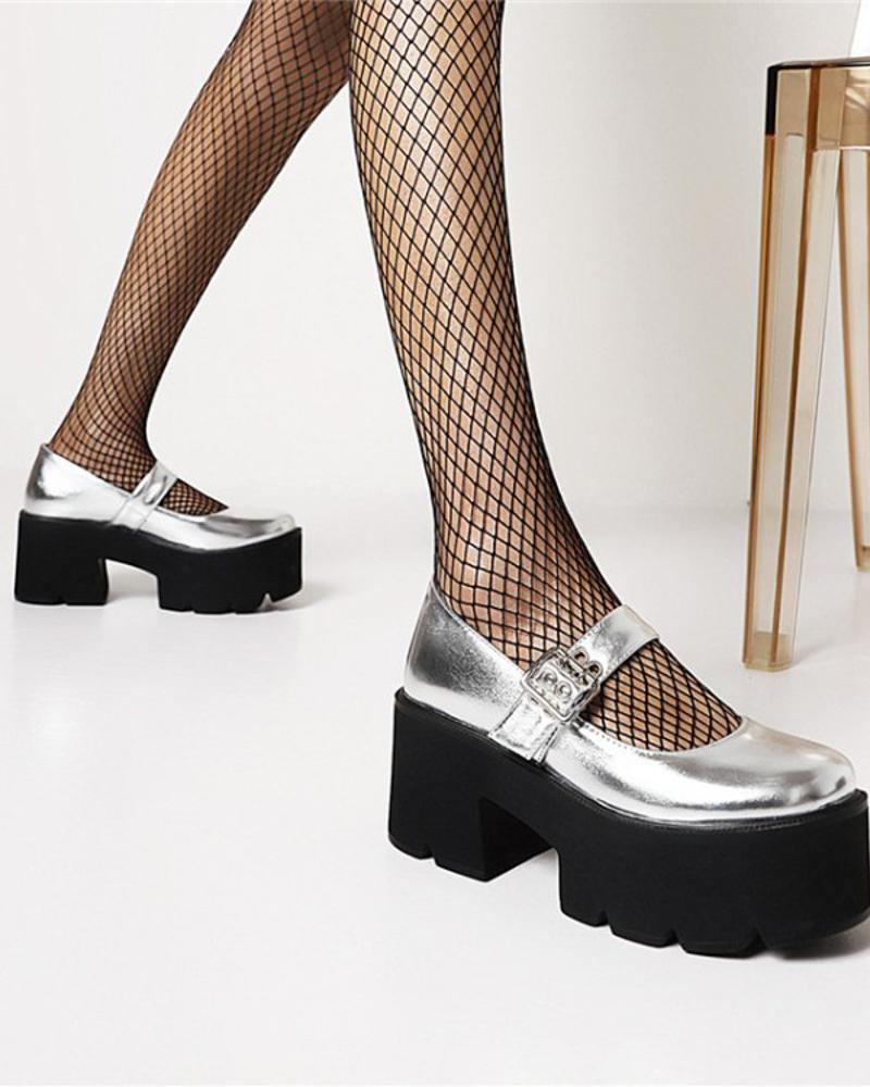 Chic Ladies Single Strap Round Toe Shiny Finish Platform Shoes