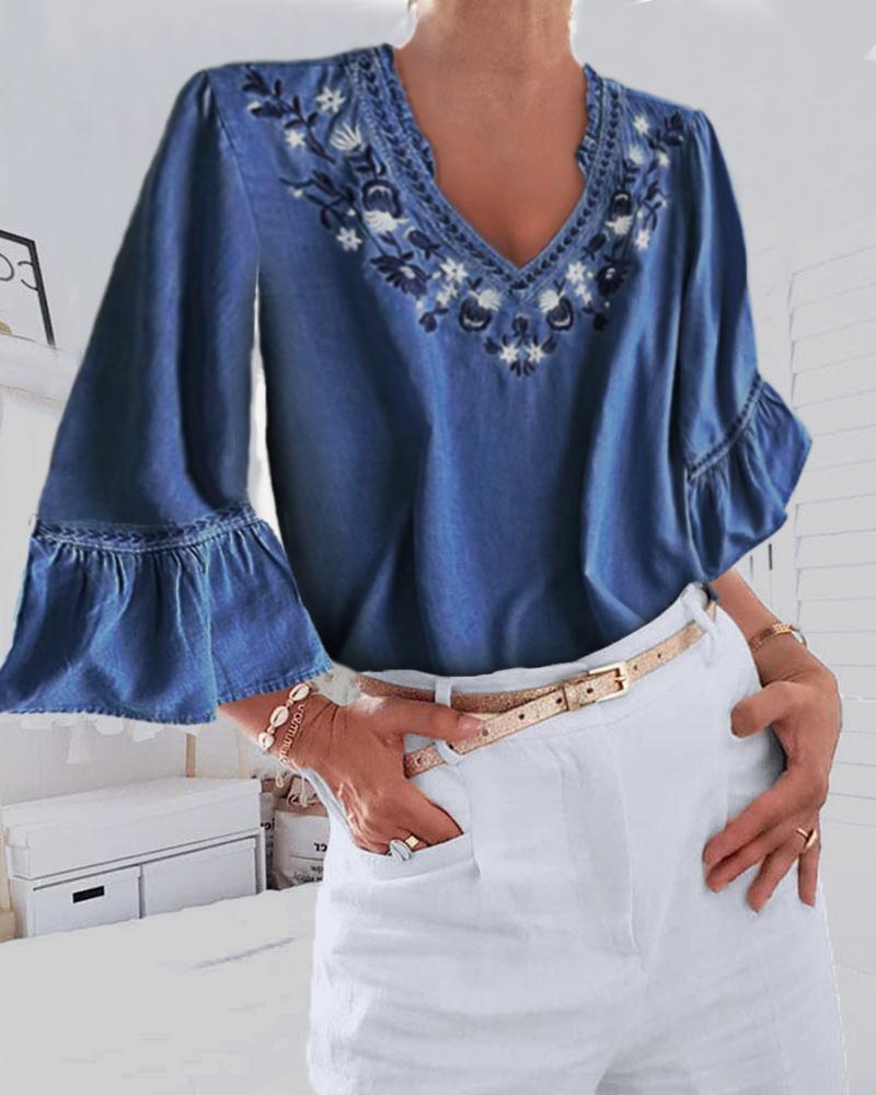 Outlet26 Denim Bell Sleeve Floral Embroidery Blouse dark blue