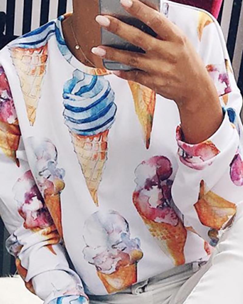 Botanical Ice cream Print Round Neck Sweatshirt