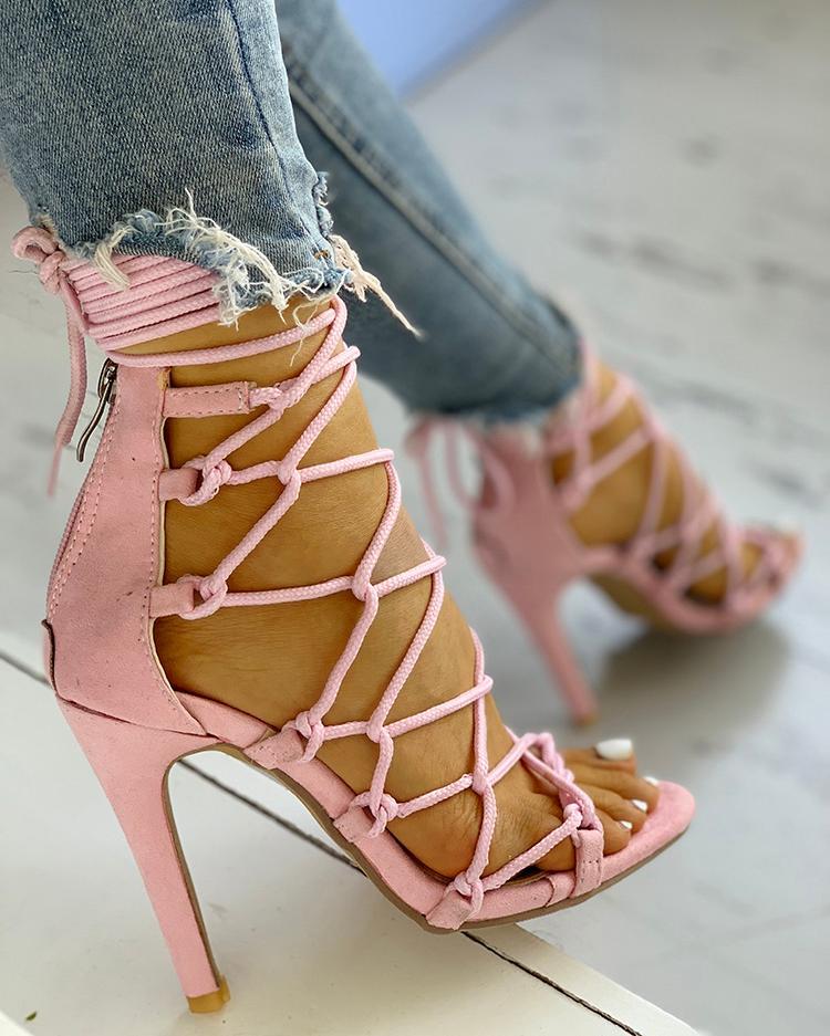 Outlet26 Hollow Out Lace Up Thin Heels Sandals pink