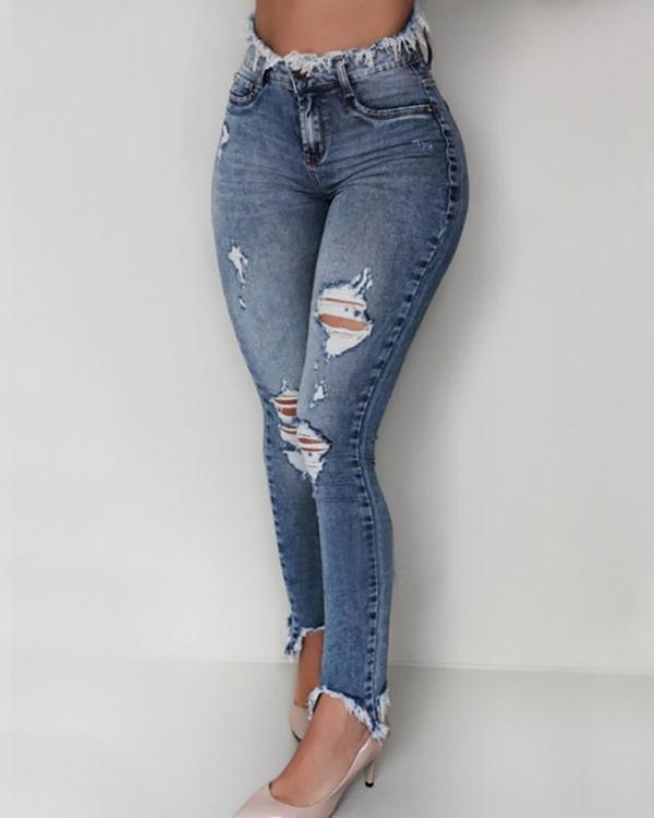 Solid Ripped Skinny Jean Pants